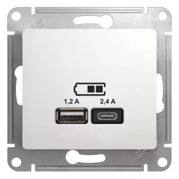 Зарядка USB типа A+С, 1х2400мА или 2х1200мА, белый, Systeme Electric, серия Glossa