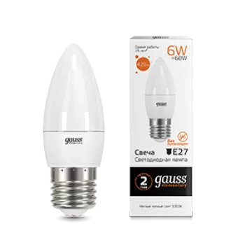 Лампа Gauss Elementary Свеча 6W 420lm 3000K Е27 LED 220V