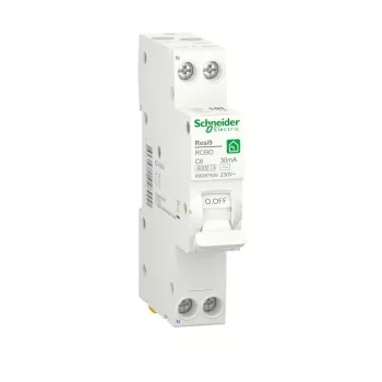 Автоматический выключатель дифференциального тока (АВДТ) Schneider Electric Resi9, 6A, 30mA, тип AC, кривая отключения C, 2 полюса, 6kA, электро-механического типа, ширина 1 модуль DIN