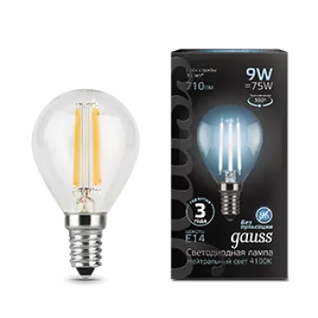 Лампа Gauss Black Filament Шар 9W 710lm 4100К Е14 LED 220V