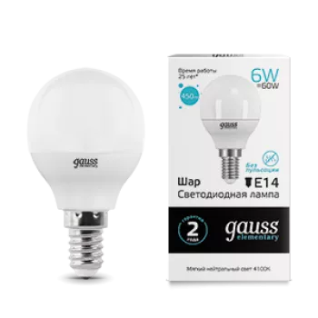 Лампа Gauss Elementary Шар 6W 450lm 4100K Е14 LED 220V